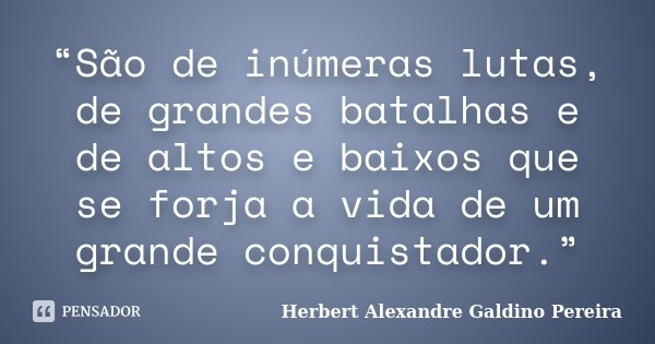 “São de inúmeras lutas, de grandes batalhas e de altos e baixos que se forja a vida de um grande conquistador.”... Frase de Herbert Alexandre Galdino Pereira.