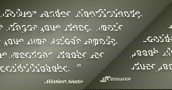 Talvez aches ineficiente, a força que tens, mais saiba que uma visão ampla, pode lhe mostrar todas as tuas possibilidades."... Frase de Herbert Souto.
