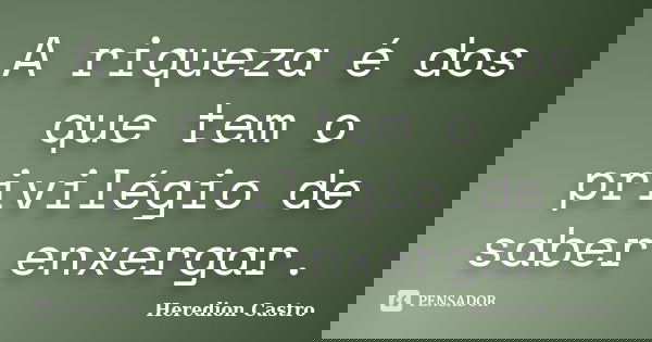A riqueza é dos que tem o privilégio de saber enxergar.... Frase de Heredion Castro.