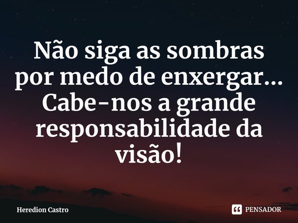 ⁠Não siga as sombras por medo de enxergar...
Cabe-nos a grande responsabilidade da visão!... Frase de Heredion Castro.