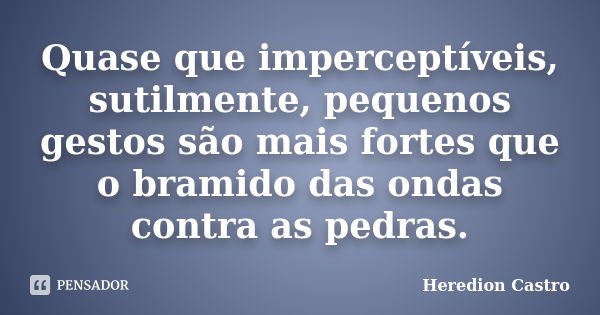 Quase que imperceptíveis, sutilmente, pequenos gestos são mais fortes que o bramido das ondas contra as pedras.... Frase de Heredion Castro.