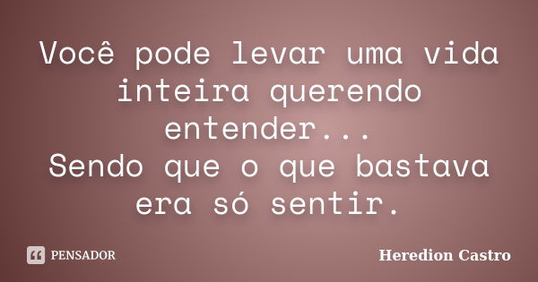 Você pode levar uma vida inteira querendo entender... Sendo que o que bastava era só sentir.... Frase de Heredion Castro.