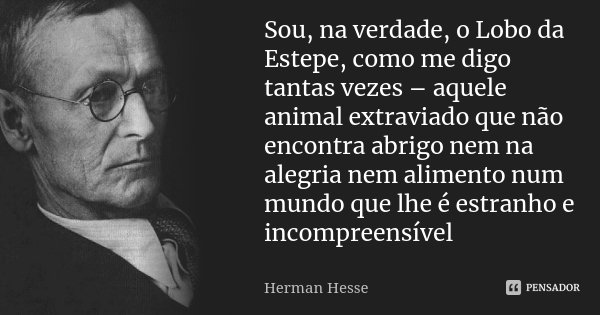 Sou, na verdade, o Lobo da Estepe, como me digo tantas vezes – aquele animal extraviado que não encontra abrigo nem na alegria nem alimento num mundo que lhe é ... Frase de Herman Hesse.