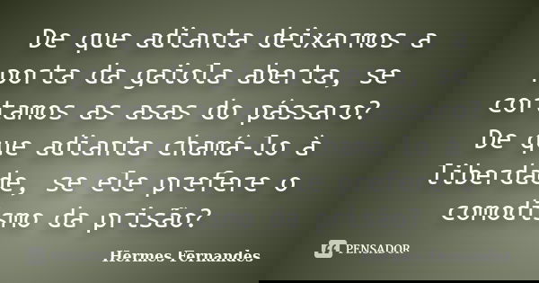 De que adianta deixarmos a porta da gaiola aberta, se cortamos as asas do pássaro? De que adianta chamá-lo à liberdade, se ele prefere o comodismo da prisão?... Frase de Hermes Fernandes.