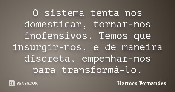 O sistema tenta nos domesticar, tornar-nos inofensivos. Temos que insurgir-nos, e de maneira discreta, empenhar-nos para transformá-lo.... Frase de Hermes Fernandes.