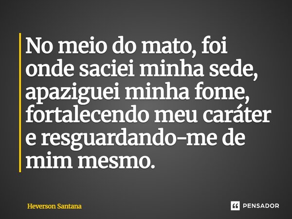 ⁠No meio do mato, foi onde saciei minha sede, apaziguei minha fome, fortalecendo meu caráter e resguardando-me de mim mesmo.... Frase de Heverson Santana.
