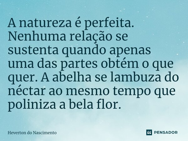 ⁠A natureza é perfeita. Nenhuma relação se sustenta quando apenas uma das partes obtém o que quer. A abelha se lambuza do néctar ao mesmo tempo que poliniza a b... Frase de Heverton do Nascimento.