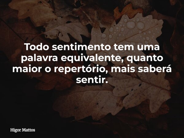 Todo sentimento tem uma palavra equivalente, quanto maior o repertório, mais saberá sentir.... Frase de Higor Mattos.