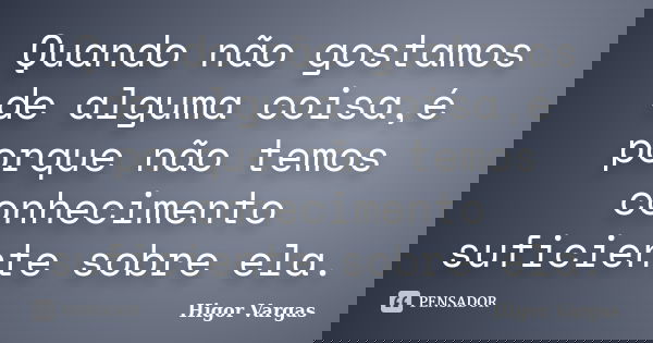 Quando não gostamos de alguma coisa,é porque não temos conhecimento suficiente sobre ela.... Frase de Higor Vargas.