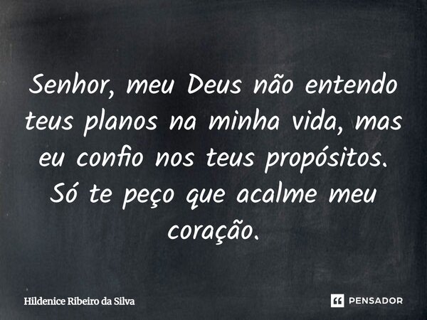 Senhor, meu Deus não entendo teus planos na minha vida, mas eu confio nos teus propósitos. Só te peço que acalme meu coração.... Frase de Hildenice Ribeiro da Silva.