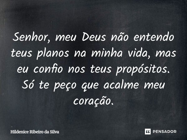 Senhor meu Deus não entendo teus planos na minha vida, mas eu confio nos teus propósitos, só te peço que acalme meu coração.... Frase de Hildenice Ribeiro da Silva.