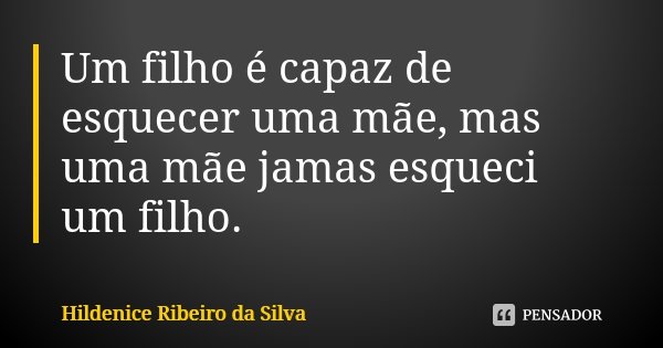 Um filho é capaz de esquecer uma mãe, mas uma mãe jamas esqueci um filho.... Frase de Hildenice Ribeiro da Silva.