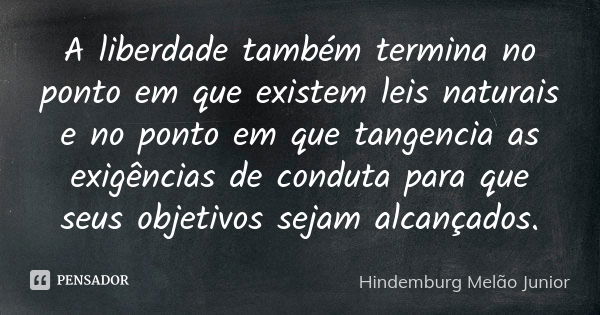 A liberdade também termina no ponto em que existem leis naturais e no ponto em que tangencia as exigências de conduta para que seus objetivos sejam alcançados.... Frase de Hindemburg Melão Junior.