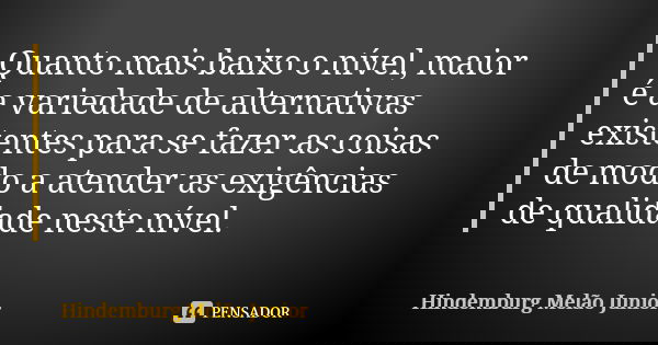 Quanto mais baixo o nível, maior é a variedade de alternativas existentes para se fazer as coisas de modo a atender as exigências de qualidade neste nível.... Frase de Hindemburg Melão Junior.