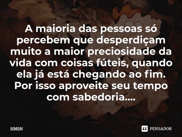 ⁠A maioria das pessoas só percebem que desperdiçam muito a maior preciosidade da vida com coisas fúteis, quando ela já está chegando ao fim. Por isso aproveite ... Frase de HMSN.