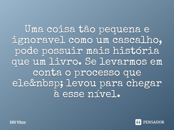 ⁠Uma coisa tão pequena e ignoravel como um cascalho, pode possuir mais história que um livro. Se levarmos em conta o processo que ele&nbsp; levou para chega... Frase de HN Vitor.