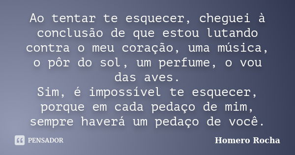 Ao tentar te esquecer, cheguei à conclusão de que estou lutando contra o meu coração, uma música, o pôr do sol, um perfume, o vou das aves. Sim, é impossível te... Frase de Homero Rocha.