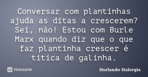 Conversar com plantinhas ajuda as ditas a crescerem? Sei, não! Estou com Burle Marx quando diz que o que faz plantinha crescer é titica de galinha.... Frase de Horlando haleRgia.