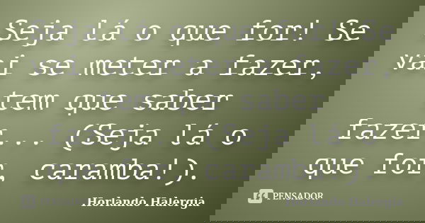 Seja lá o que for! Se vai se meter a fazer, tem que saber fazer... (Seja lá o que for, caramba!).... Frase de Horlando Halergia.