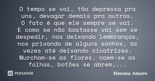 O tempo se vai, tão depressa pra uns, devagar demais pra outros. O fato é que ele sempre se vai. E como se não bastasse vai sem se despedir, nos deixando lembra... Frase de Hosana Amaro.