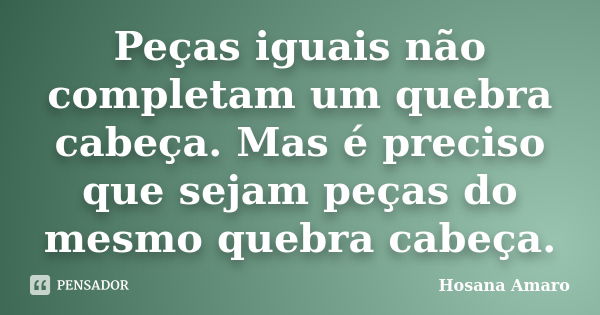 Peças iguais não completam um quebra cabeça. Mas é preciso que sejam peças do mesmo quebra cabeça.... Frase de Hosana Amaro.