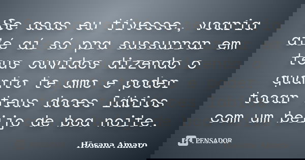 Se asas eu tivesse, voaria até aí só pra sussurrar em teus ouvidos dizendo o quanto te amo e poder tocar teus doces lábios com um beijo de boa noite.... Frase de Hosana Amaro.