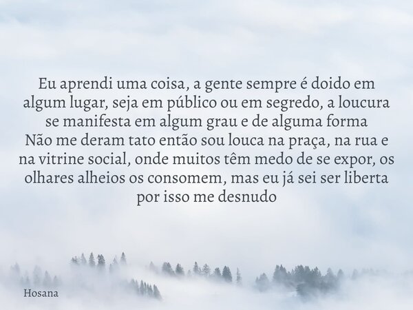 Eu aprendi uma coisa, a gente sempre é doido em algum lugar, seja em público ou em segredo, a loucura se manifesta em algum grau e de alguma forma Não me deram ... Frase de Hosana.