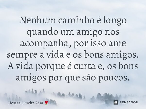 ⁠Nenhum caminho é longo quando um amigo nos acompanha, por isso ame sempre a vida e os bons amigos. A vida porque é curta e, os bons amigos por que são poucos.... Frase de Hosana Oliveira Rosa.