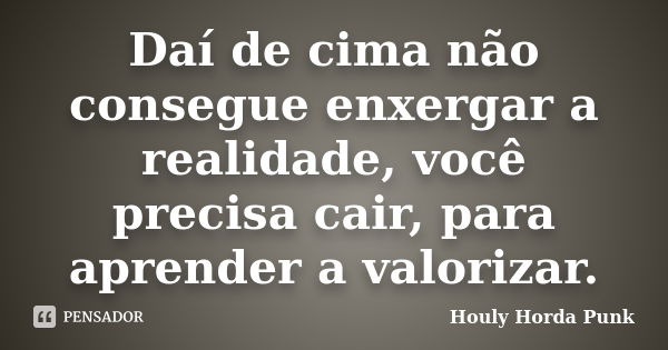 Daí de cima não consegue enxergar a realidade, você precisa cair, para aprender a valorizar.... Frase de Houly Horda Punk.