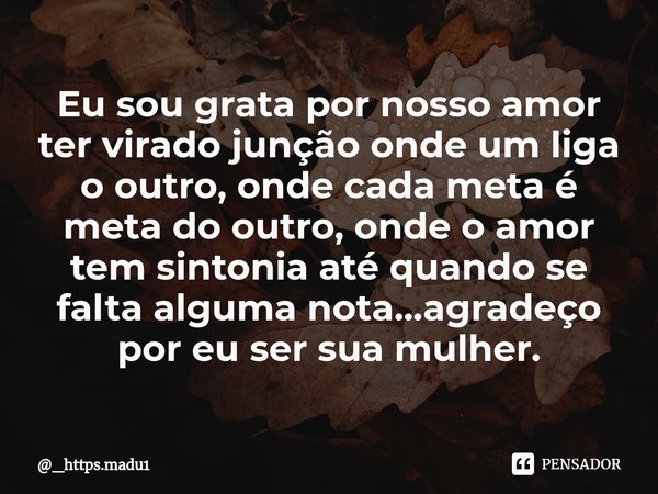 ⁠Eu sou grata por nosso amor ter virado junção onde um liga o outro, onde cada meta é meta do outro, onde o amor tem sintonia até quando se falta alguma nota...... Frase de _https.madu1.