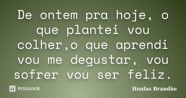 De ontem pra hoje, o que plantei vou colher,o que aprendi vou me degustar, vou sofrer vou ser feliz.... Frase de Hualas Brandao.