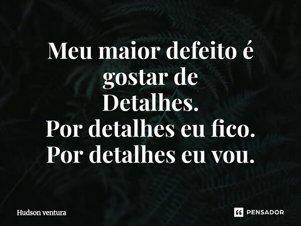 ⁠Meu maior defeito é gostar de Detalhes. Por detalhes eu fico. Por detalhes eu vou.... Frase de Hudson Ventura.
