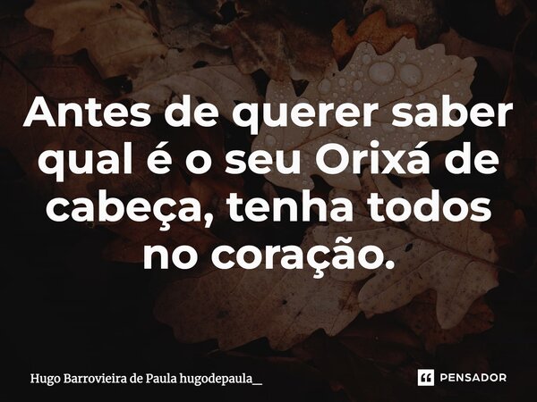 ⁠Antes de querer saber qual é o seu Orixá de cabeça, tenha todos no coração.... Frase de Hugo Barrovieira de Paula hugodepaula_.