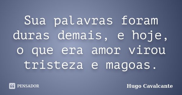 Sua palavras foram duras demais, e hoje, o que era amor virou tristeza e magoas.... Frase de Hugo Cavalcante.