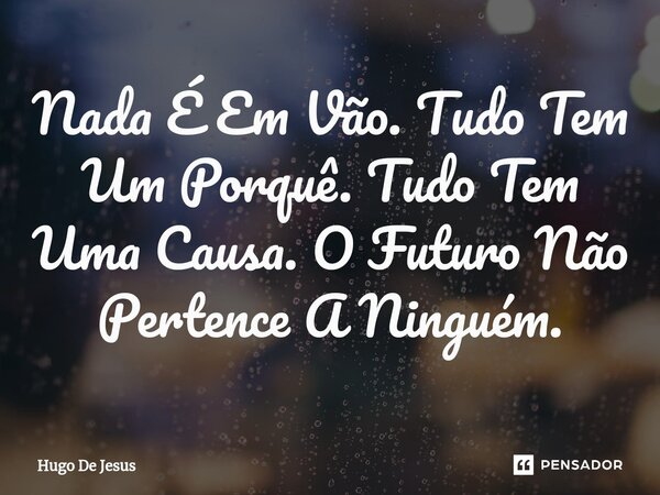 ⁠Nada É Em Vão. Tudo Tem Um Porquê. Tudo Tem Uma Causa. O Futuro Não Pertence A Ninguém.... Frase de Hugo De Jesus.