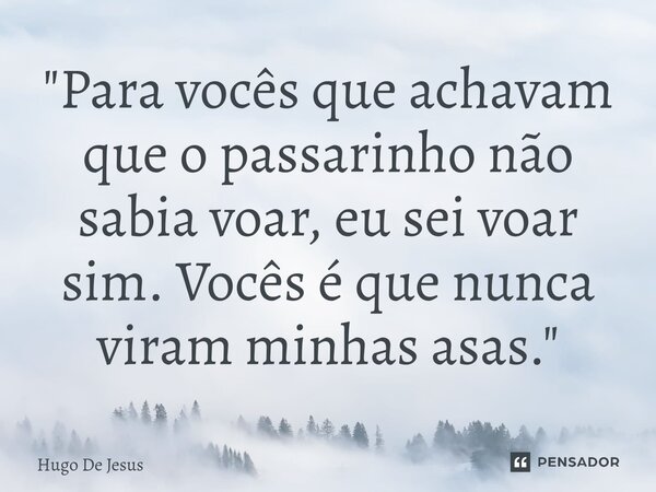 "Para vocês que achavam que o passarinho não sabia voar, eu sei voar sim. Vocês é que nunca viram minhas asas."... Frase de Hugo De Jesus.