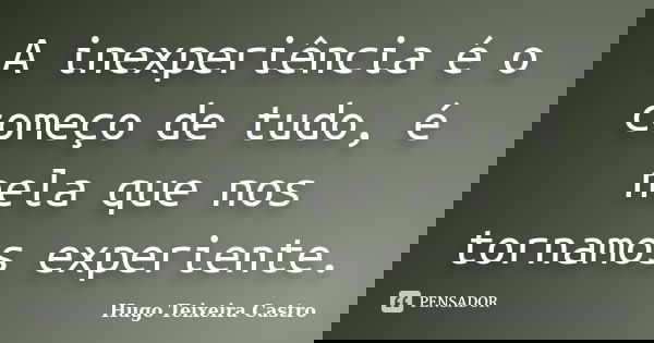 A inexperiência é o começo de tudo, é nela que nos tornamos experiente.... Frase de Hugo Teixeira Castro.