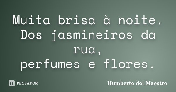 Muita brisa à noite.
Dos jasmineiros da rua,
perfumes e flores.... Frase de Humberto del Maestro.