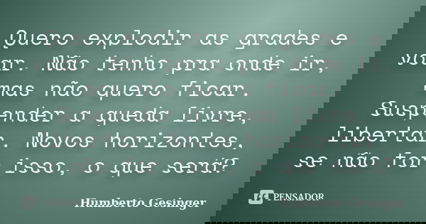 Quero explodir as grades e voar. Não tenho pra onde ir, mas não quero ficar. Suspender a queda livre, libertar. Novos horizontes, se não for isso, o que será?... Frase de Humberto Gesinger.