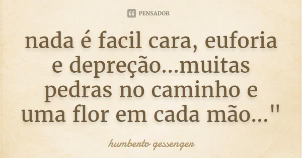 nada é facil cara, euforia e depreção...muitas pedras no caminho e uma flor em cada mão..."... Frase de humberto gessenger.