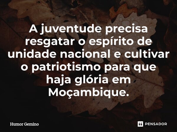 ⁠A juventude precisa resgatar o espírito de unidade nacional e cultivar o patriotismo para que haja glória em Moçambique.... Frase de Humor Gemino.