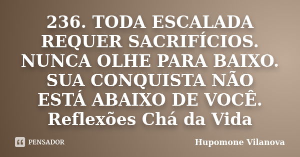 236. TODA ESCALADA REQUER SACRIFÍCIOS. NUNCA OLHE PARA BAIXO. SUA CONQUISTA NÃO ESTÁ ABAIXO DE VOCÊ. Reflexões Chá da Vida... Frase de Hupomone Vilanova.