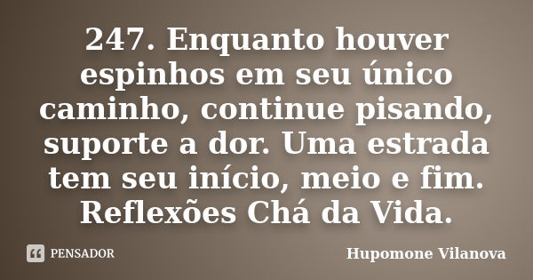 247. Enquanto houver espinhos em seu único caminho, continue pisando, suporte a dor. Uma estrada tem seu início, meio e fim. Reflexões Chá da Vida.... Frase de Hupomone Vilanova.