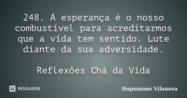 248. A esperança é o nosso combustível para acreditarmos que a vida tem sentido. Lute diante da sua adversidade. Reflexões Chá da Vida... Frase de Hupomone Vilanova.