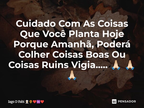 ⁠Cuidado Com As Coisas Que Você Planta Hoje Porque Amanhã, Poderá Colher Coisas Boas Ou Coisas Ruins Vigia..... 🙏🏻 🙏🏻 🙏🏻... Frase de Iago D Fabi.