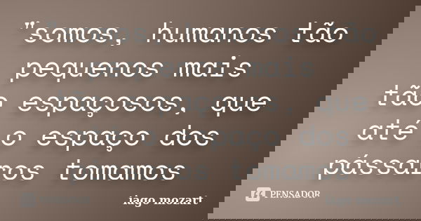 "somos, humanos tão pequenos mais tão espaçosos, que até o espaço dos pássaros tomamos... Frase de iago mozart.