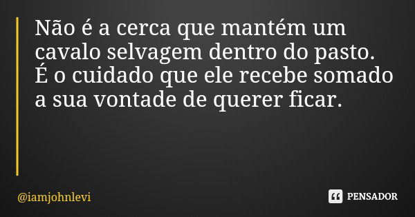 Não é a cerca que mantém um cavalo selvagem dentro do pasto. É o cuidado que ele recebe somado a sua vontade de querer ficar.... Frase de iamjohnlevi.