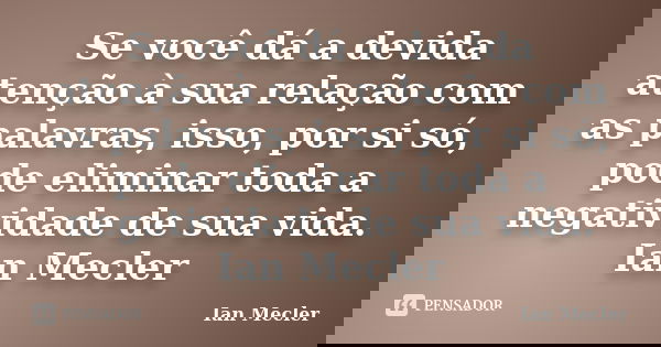 Se você dá a devida atenção à sua relação com as palavras, isso, por si só, pode eliminar toda a negatividade de sua vida. Ian Mecler... Frase de Ian Mecler.