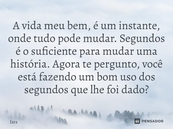 ⁠A vida meu bem, é um instante, onde tudo pode mudar. Segundos é o suficiente para mudar uma história. Agora te pergunto, você está fazendo um bom uso dos segun... Frase de Iara.