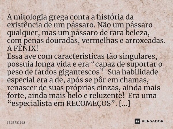 ⁠A mitologia grega conta a história da existência de um pássaro. Não um pássaro qualquer, mas um pássaro de rara beleza, com penas douradas, vermelhas e arroxea... Frase de Iara Triers.